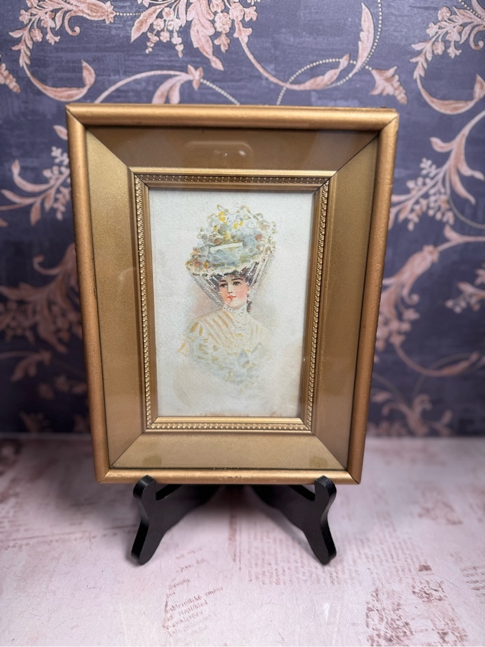 Vintage Victorian Lady Portrait Print Gold Frame Estate Sourced Decor